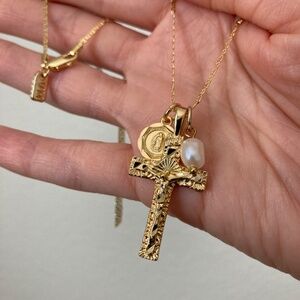 Vanessa Mooney pearl cross dainty charm necklace charm jewelry necklace gold